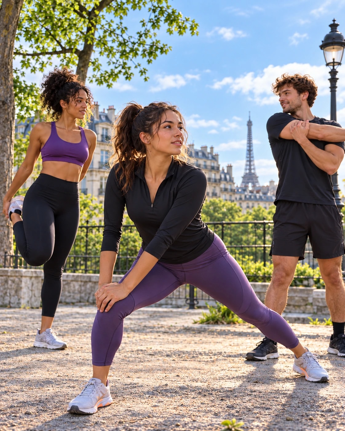 Trois jeunes sportifs s'échauffent ensemble dans un parc parisien, en plein jour