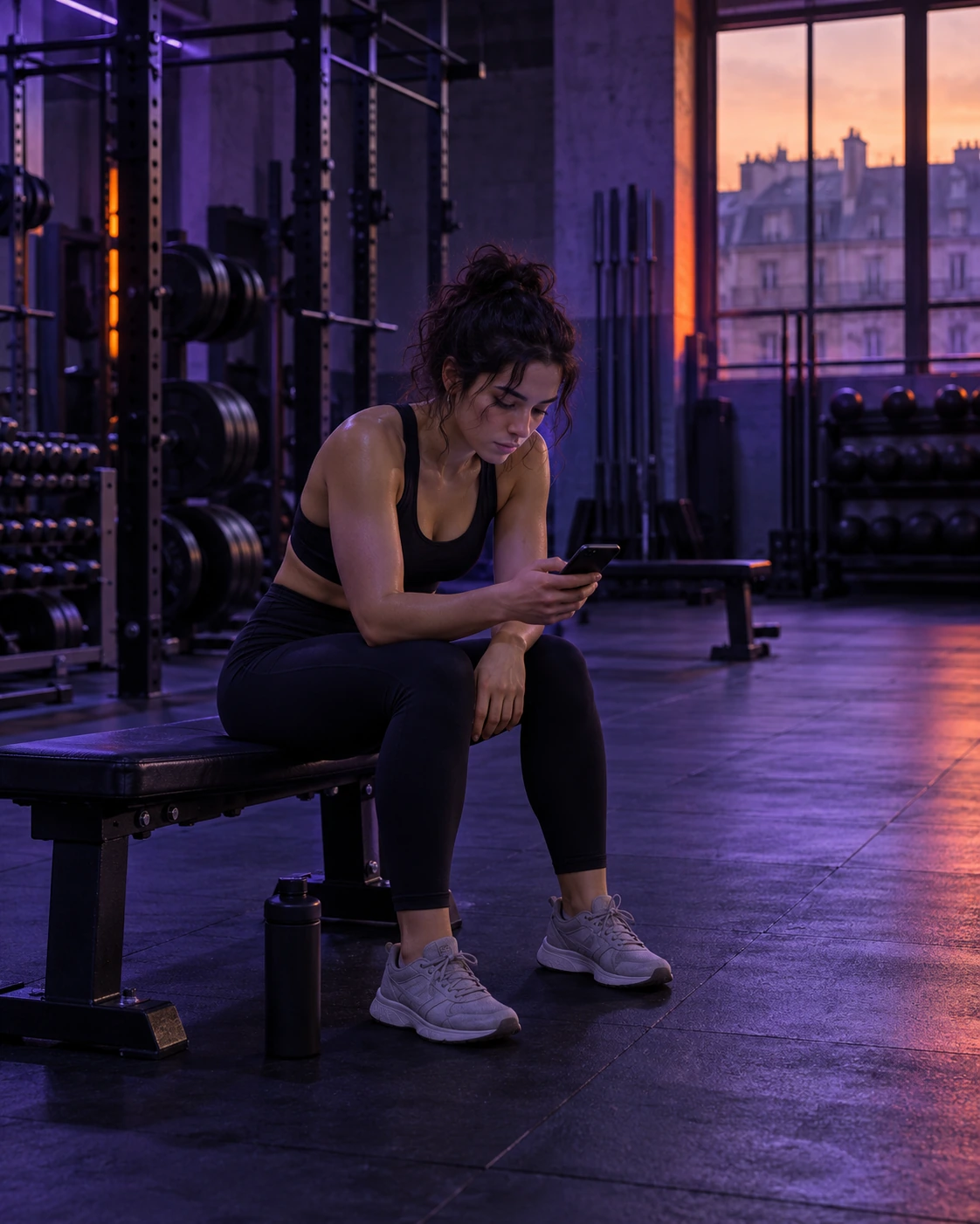 Une sportive seule sur un banc, téléphone en main